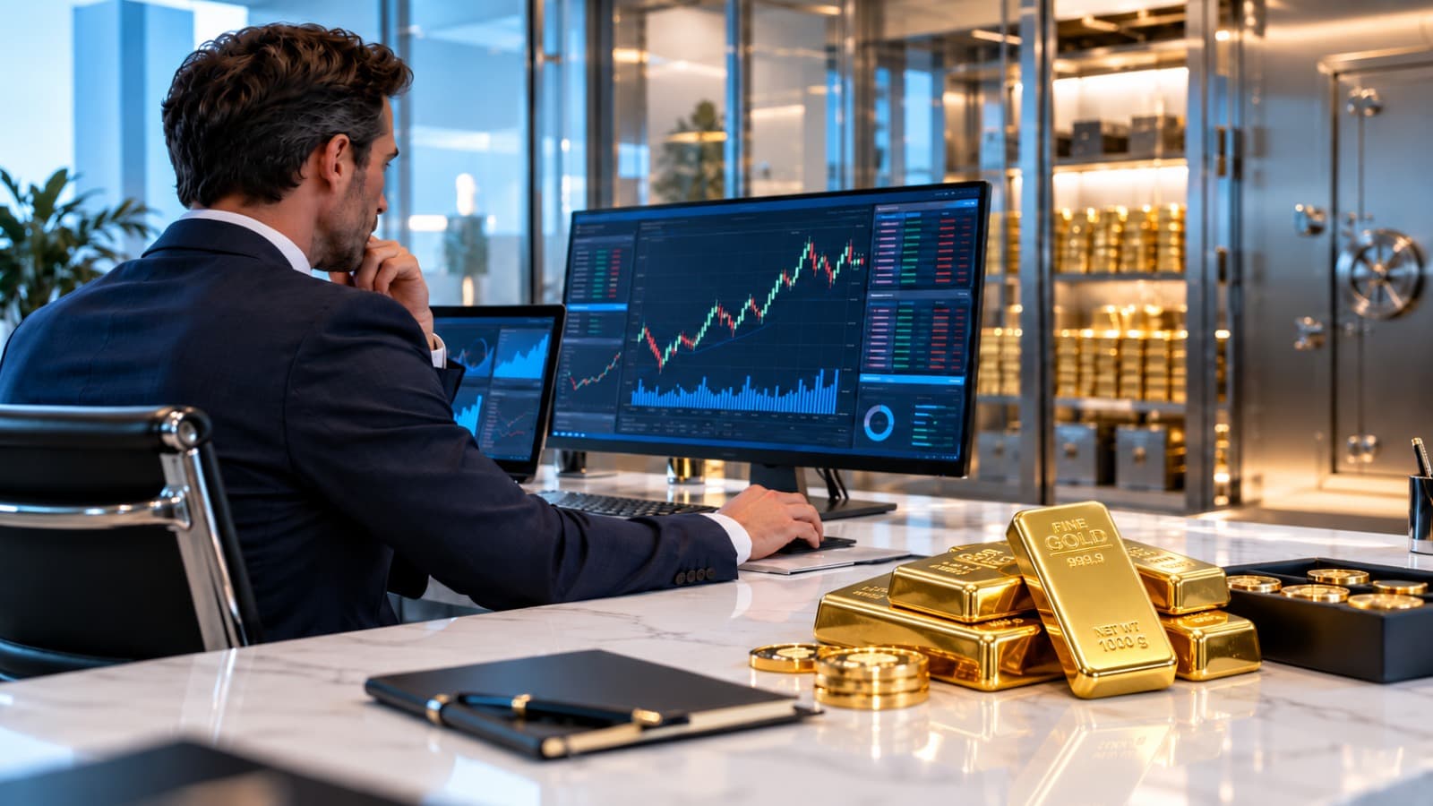 A bullion dealer watching live rate charts on trading screens, with gold bars shelved behind him