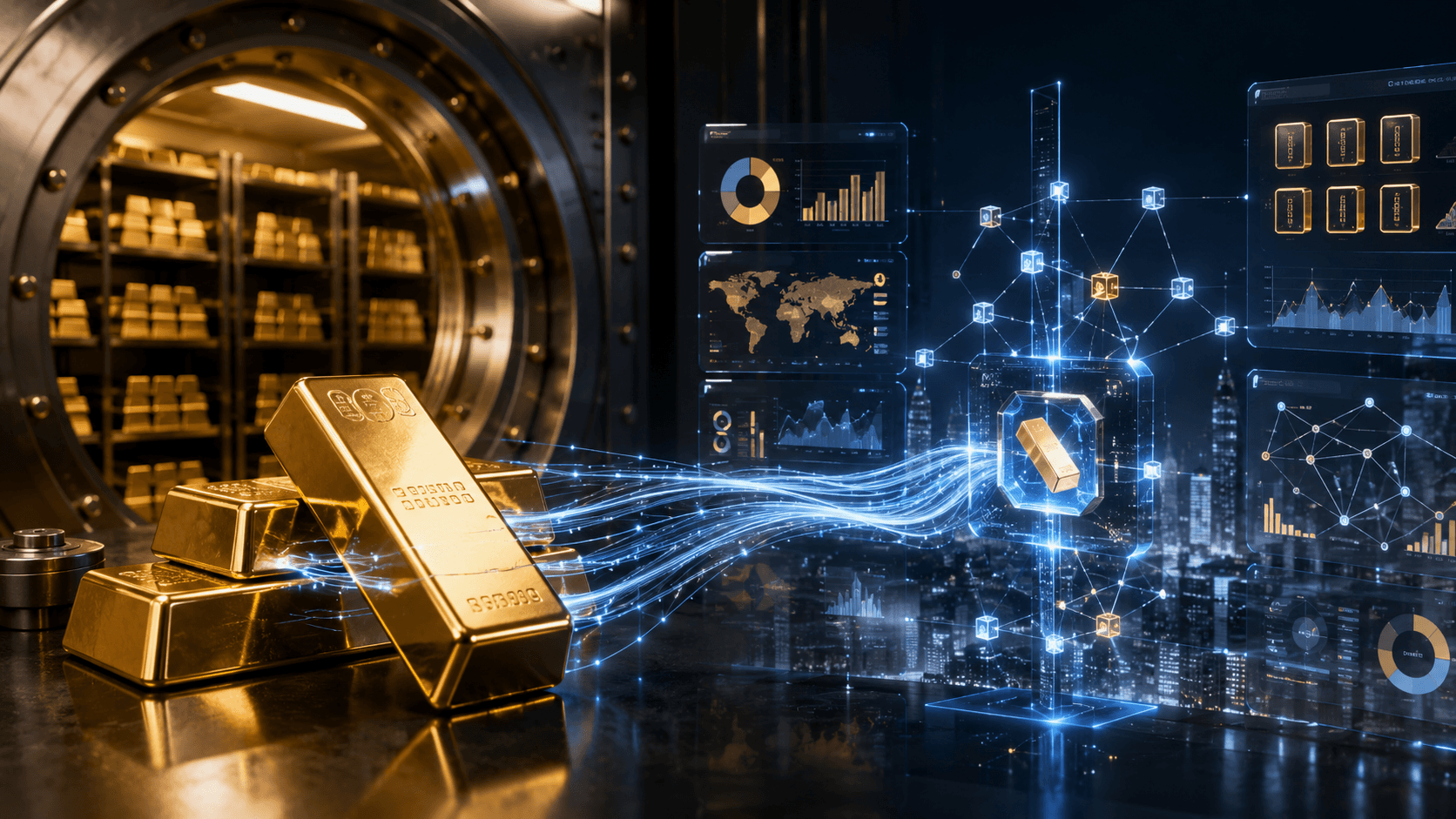 A secure gold vault connected to a digital tokenization and ledger network