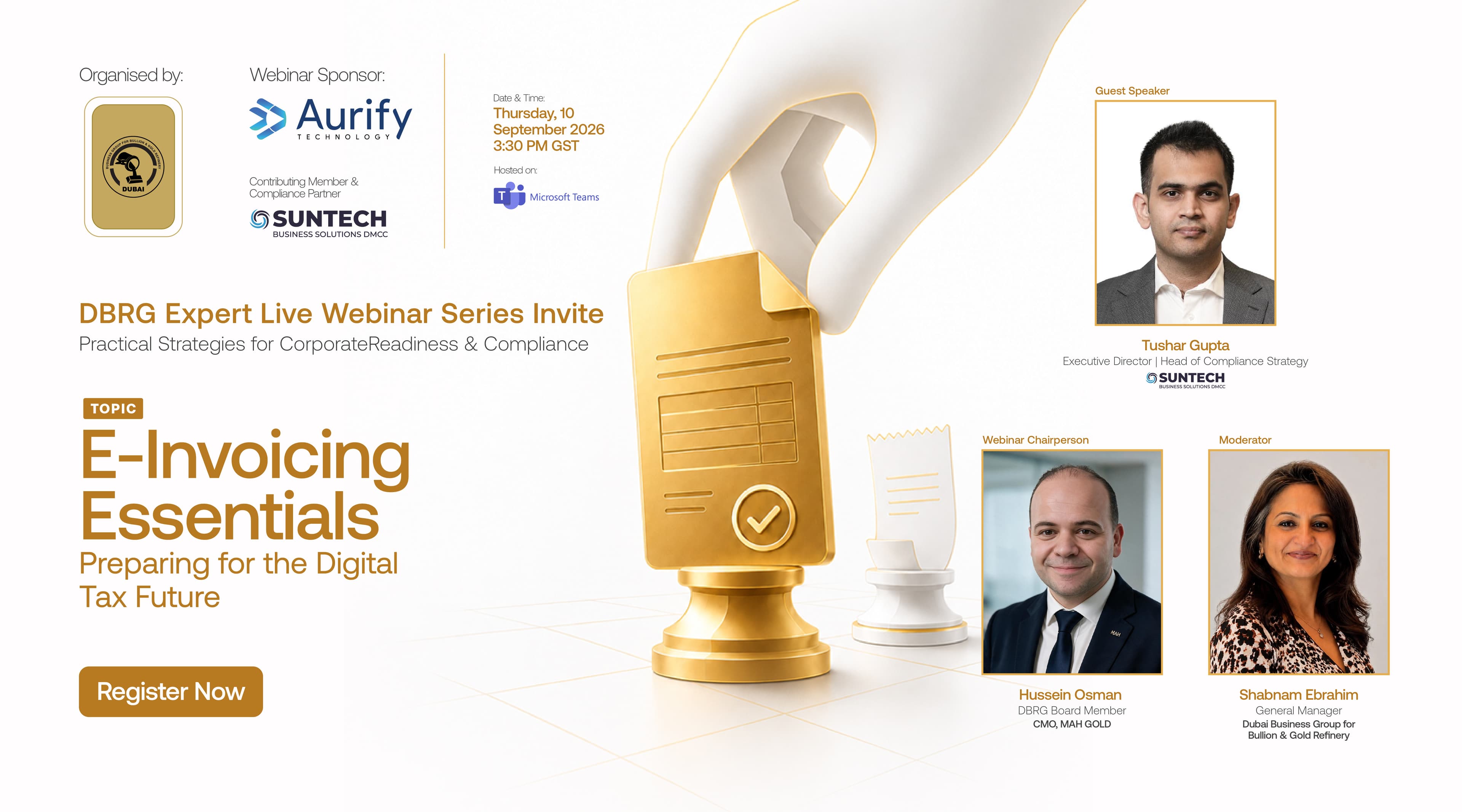 DBRG Expert Live Webinar Series invitation for E-Invoicing Essentials, Thursday, September 10, 2026 at 3:30 PM GST