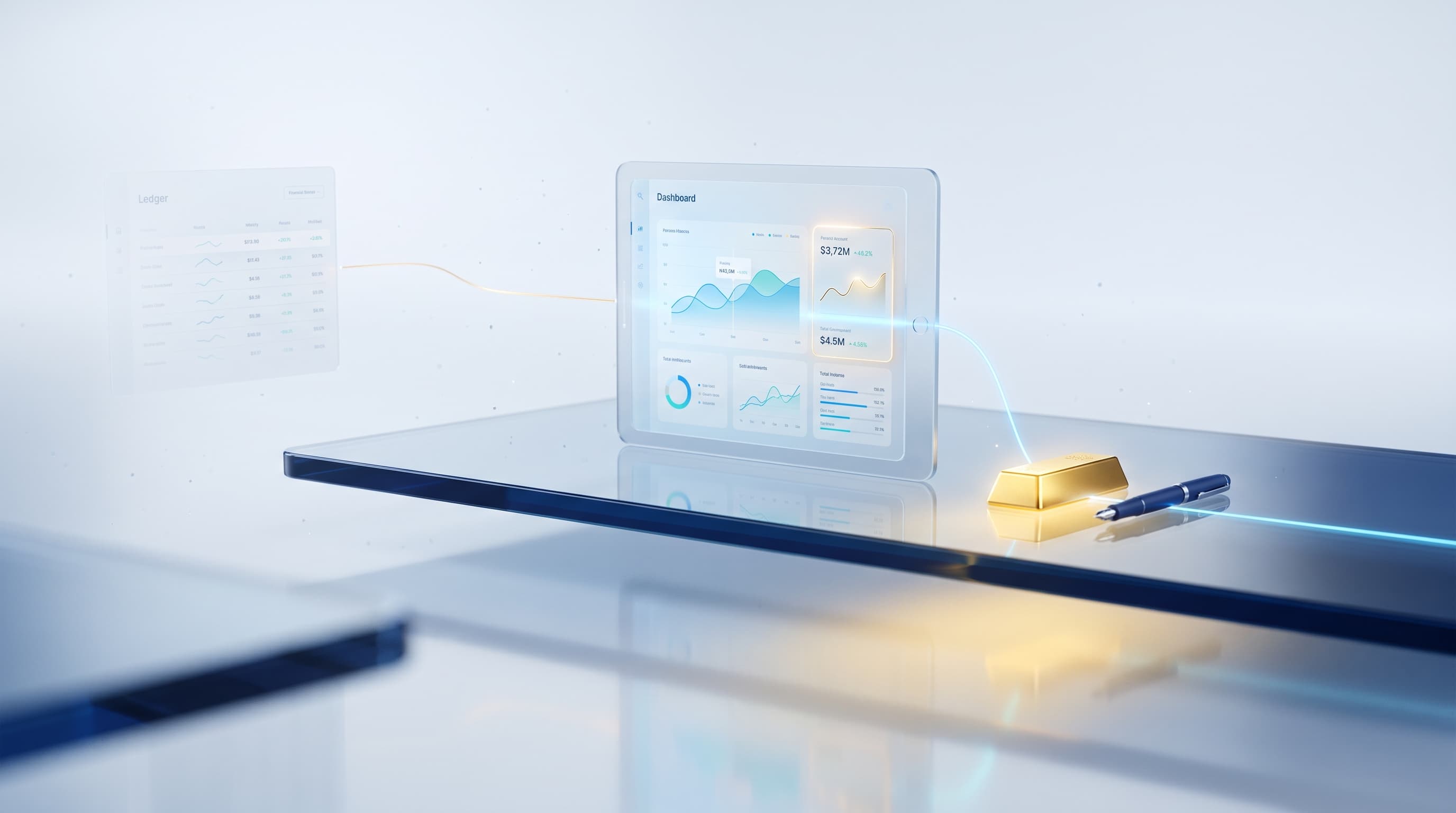 A gold bar and pen beside a glass panel showing financial dashboards