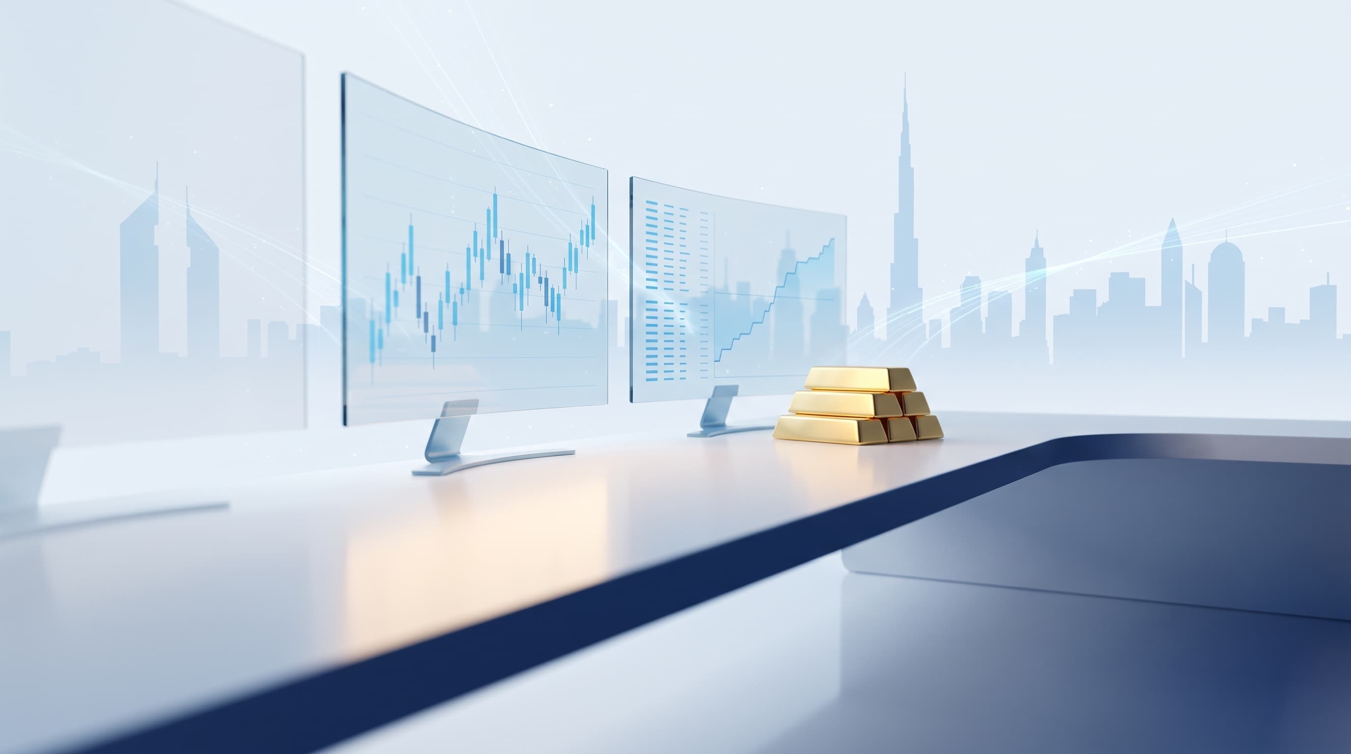 Gold bars beside floating trading charts with a city skyline behind