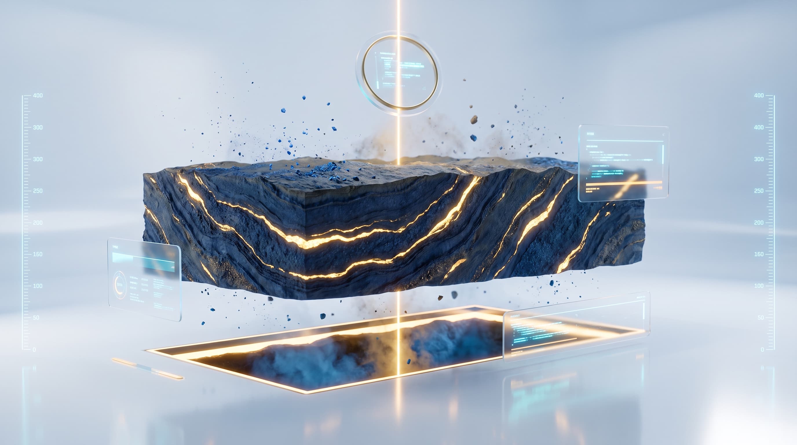 Abstract render of a gold mine with a raw gold nugget at its center