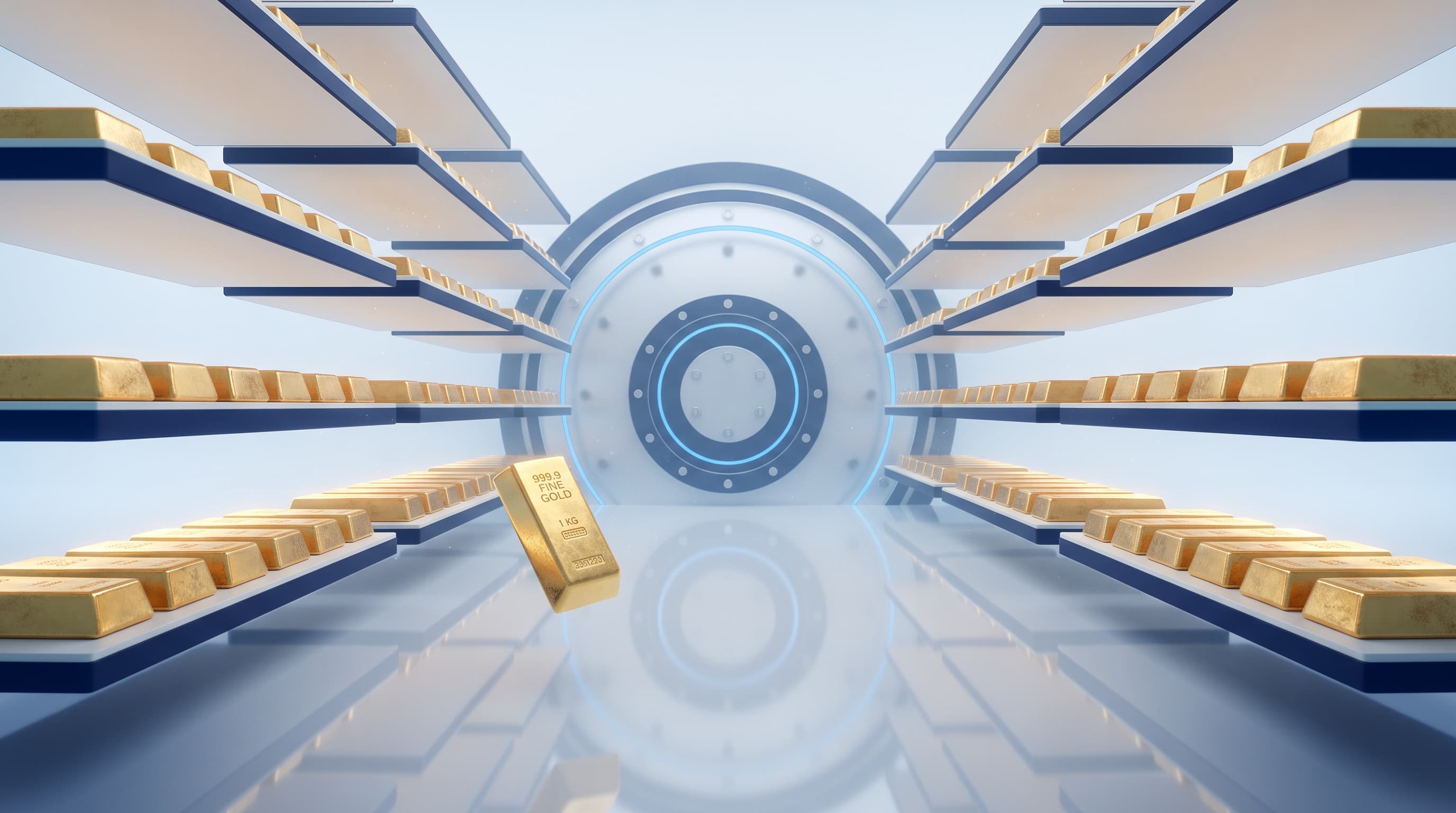 Shelves of gold bars inside a secure vault with a circular vault door