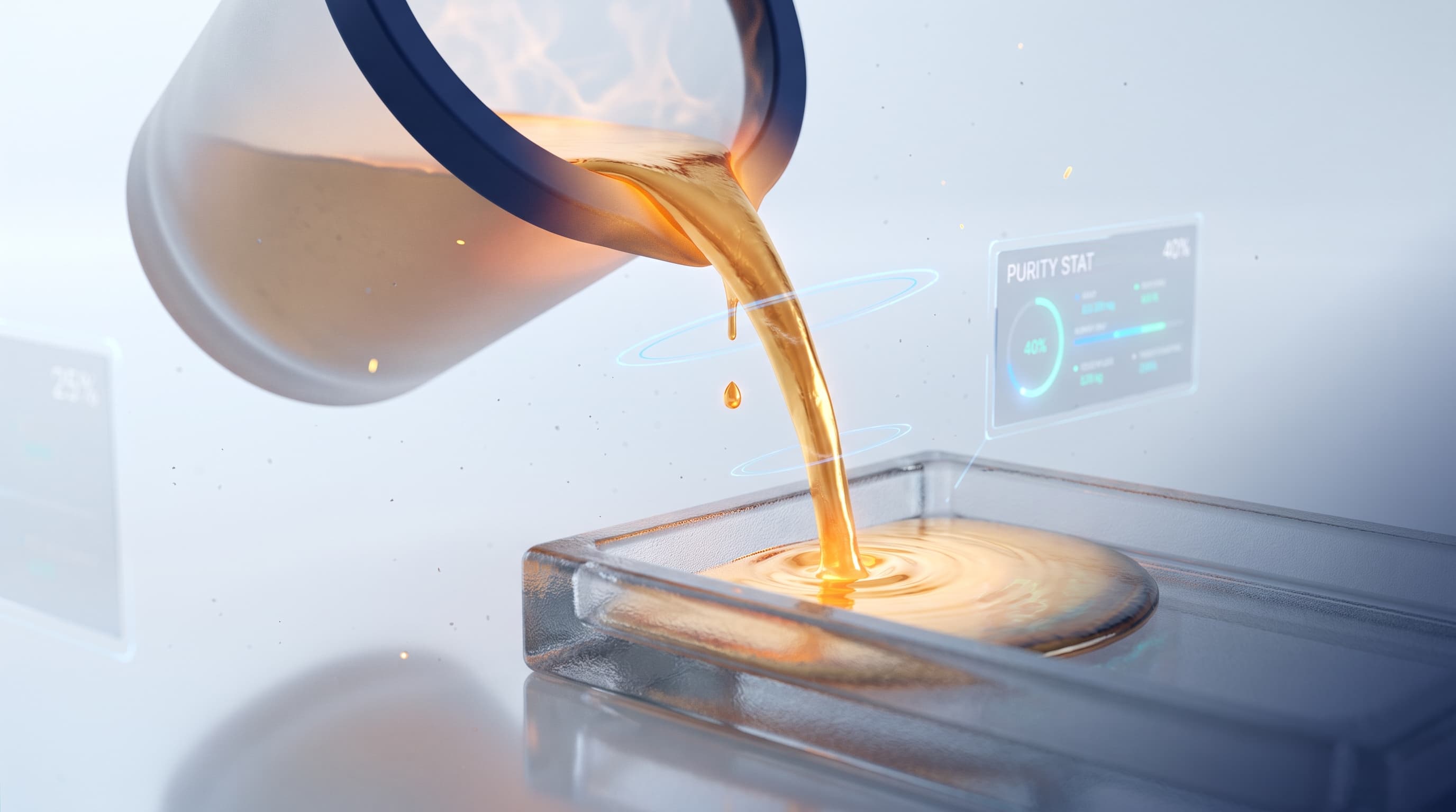 Molten gold pouring from a crucible into a mold on a refinery line