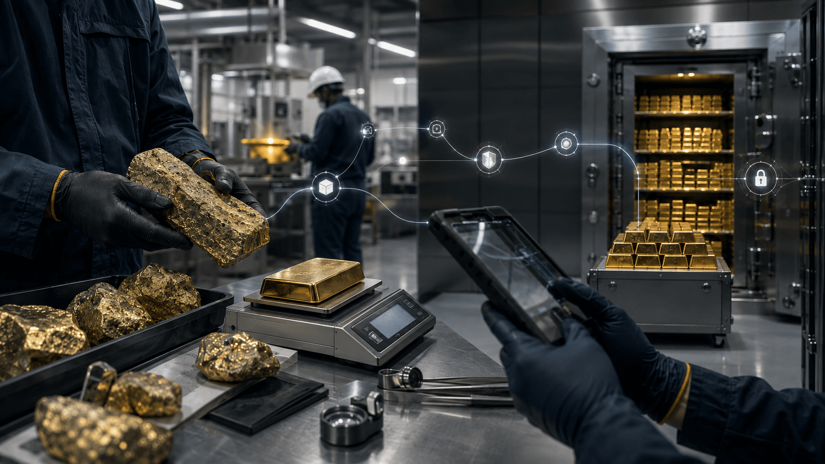 Gold being weighed and digitally tracked inside a secure precious metals facility
